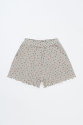 Avauma Petitbloom mom shorts in rosy cream floral print laid flat on white background.